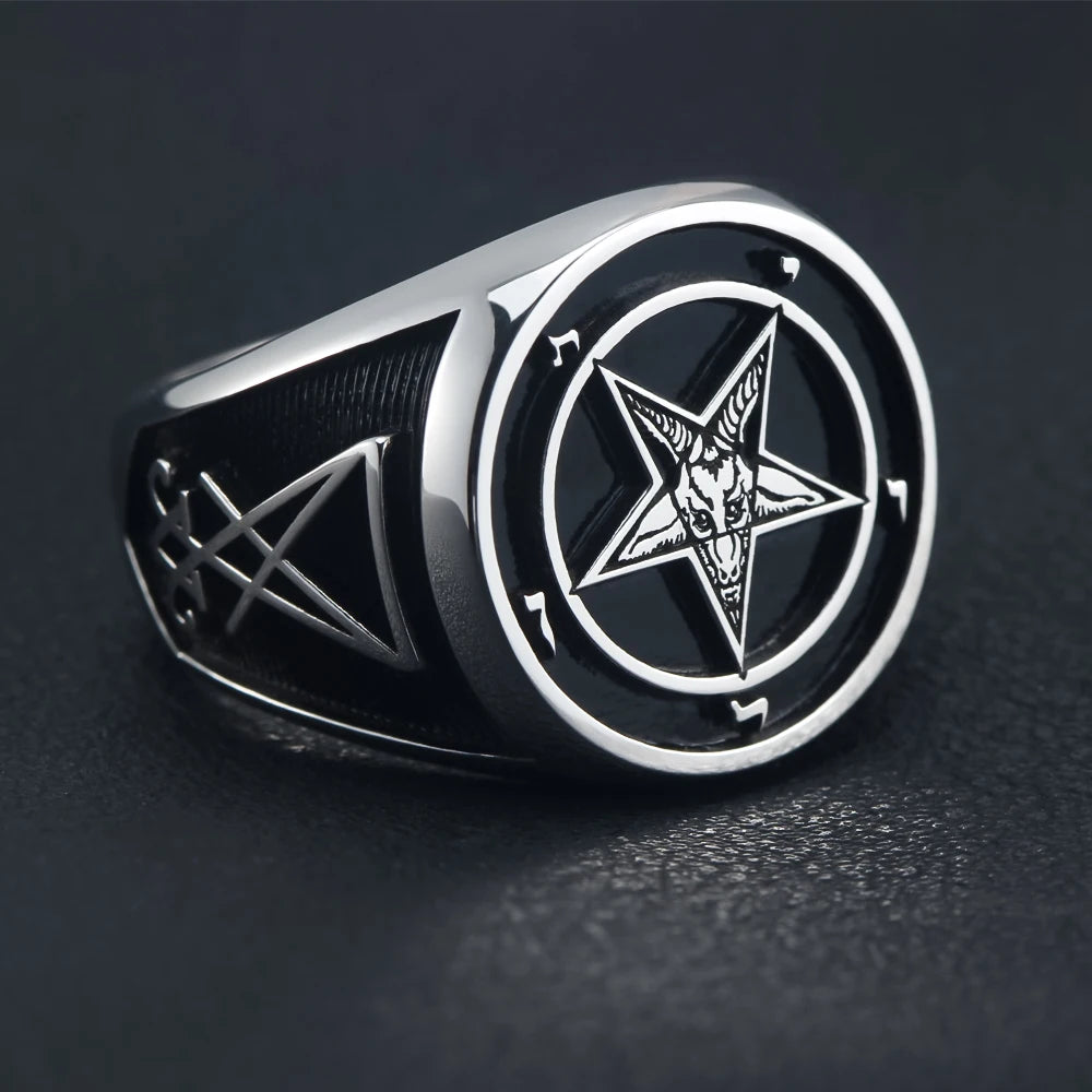 Five-pointed Star-shaped Sheep Head Church Sigil Baphomet Seal Signet Sterling Silver Ring