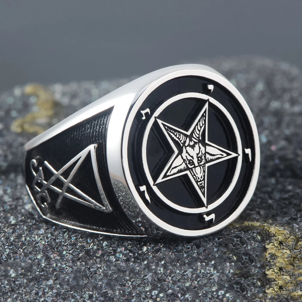Five-pointed Star-shaped Sheep Head Church Sigil Baphomet Seal Signet Sterling Silver Ring