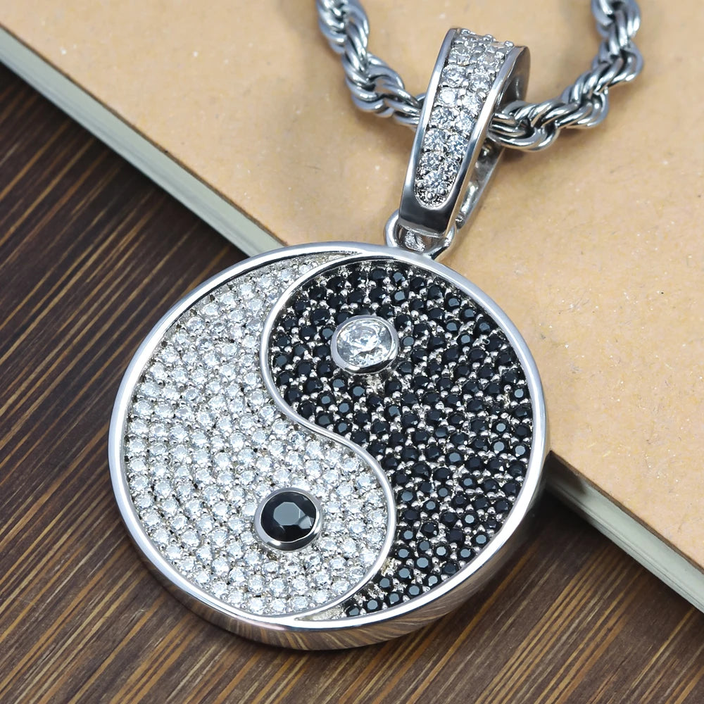 Yin Yang Tai Chi Chinese Eight Diagrams Taoism Pave Stone 925 Sterling Silver Charm Pendant Necklace