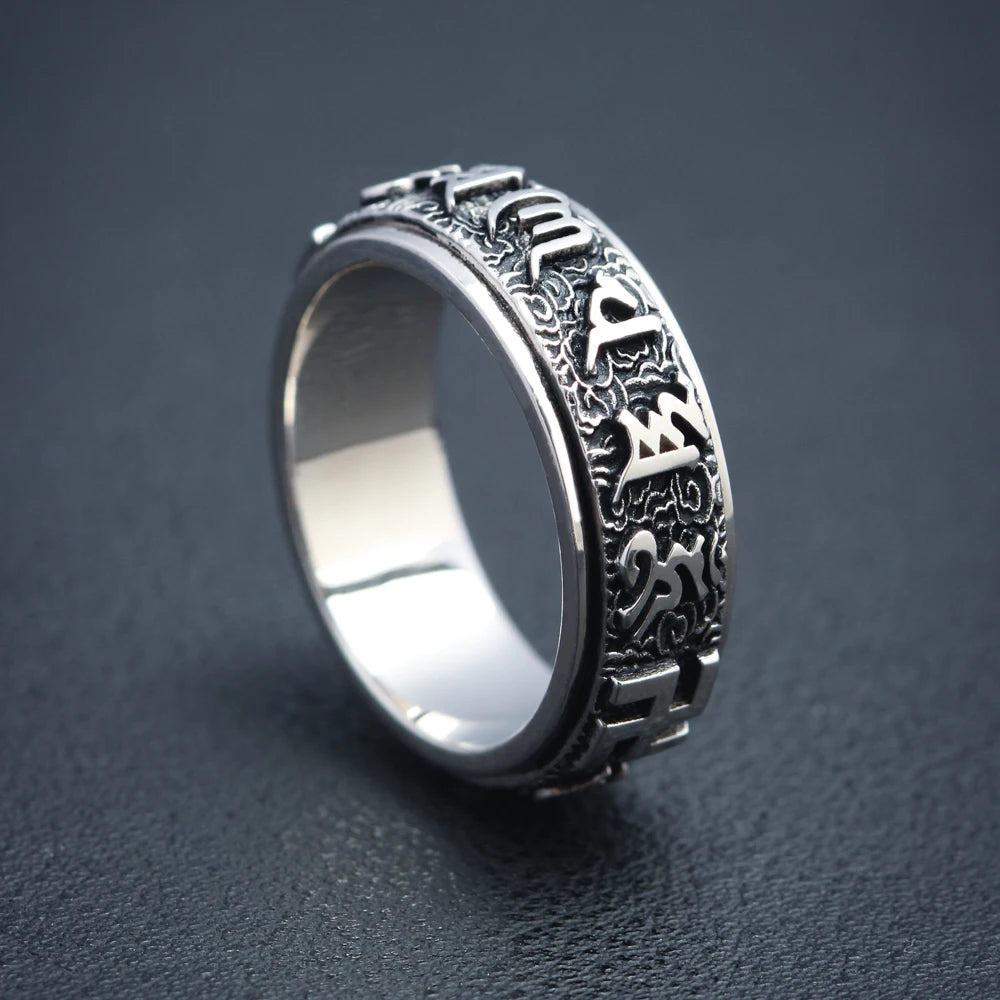 Om Mani Padme Hum Tibetan Buddhist Mantra Prayer Spinner Spin Sterling Silver Ring