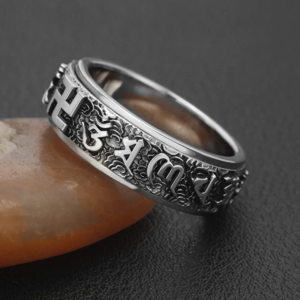 Om Mani Padme Hum Tibetan Buddhist Mantra Prayer Spinner Spin Sterling Silver Ring