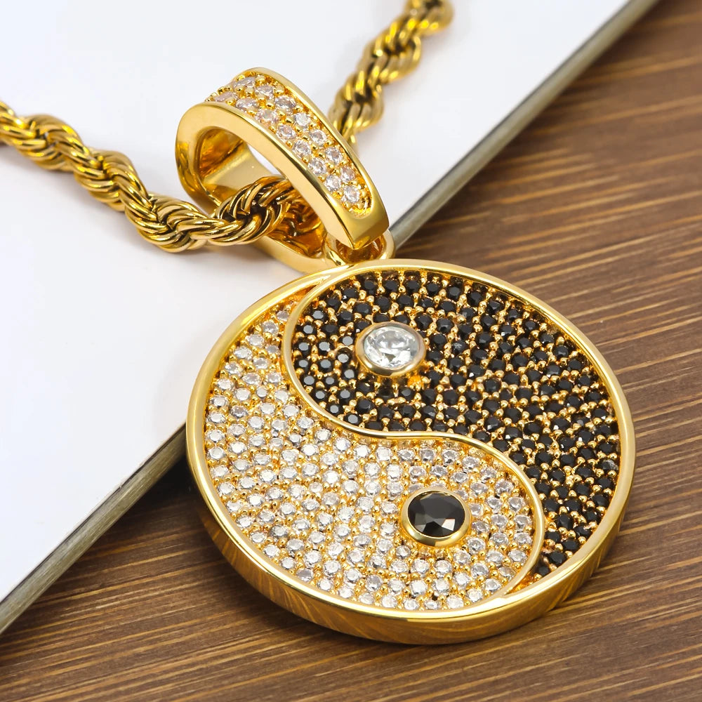 Yin Yang Tai Chi Chinese Eight Diagrams Taoism Pave Stone 925 Sterling Silver Charm Pendant Necklace