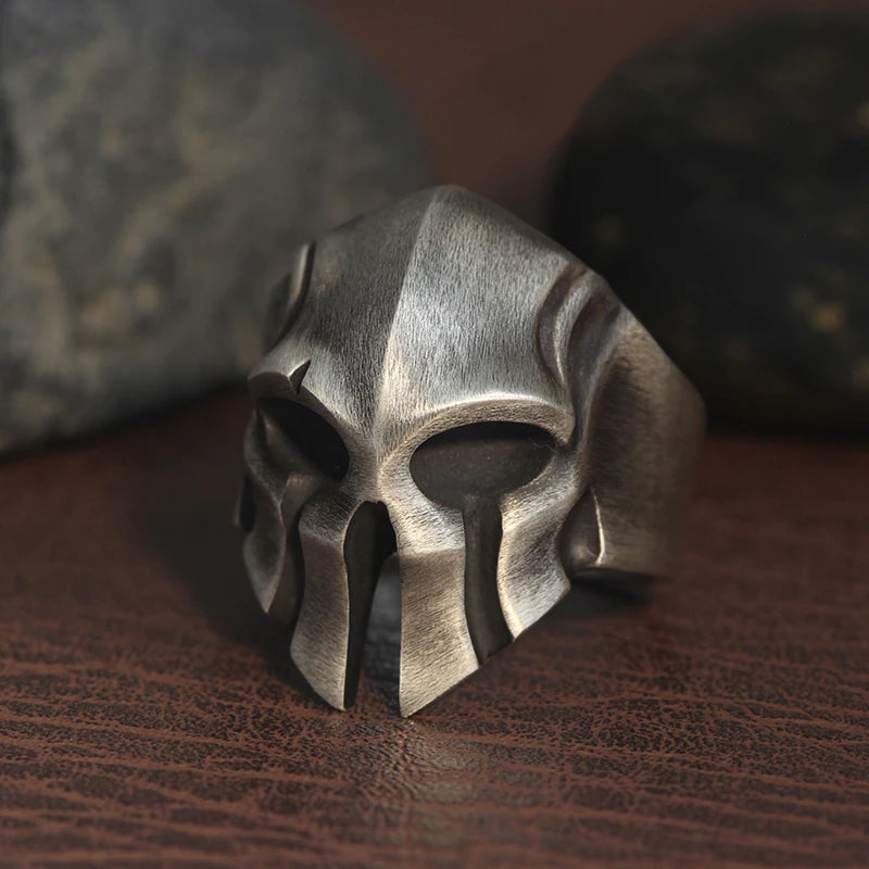 Men`s Spartan Warrior Skull Knight Helmet Mask Biker Sterling Silver Ring