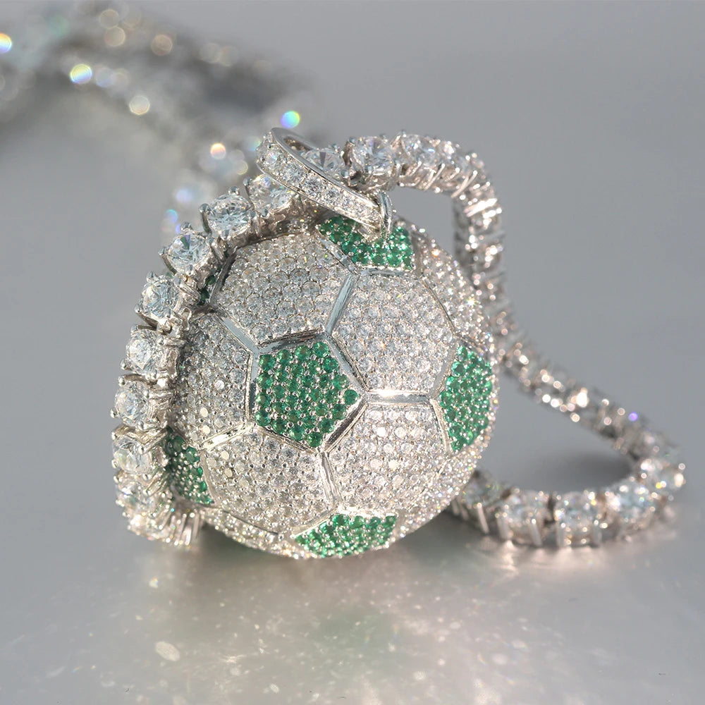 Hiphop Bling Football Soccer Ball Micro Pave Iced Stone Silver Gold Plating 925 Sterling Silver Necklace Pendant