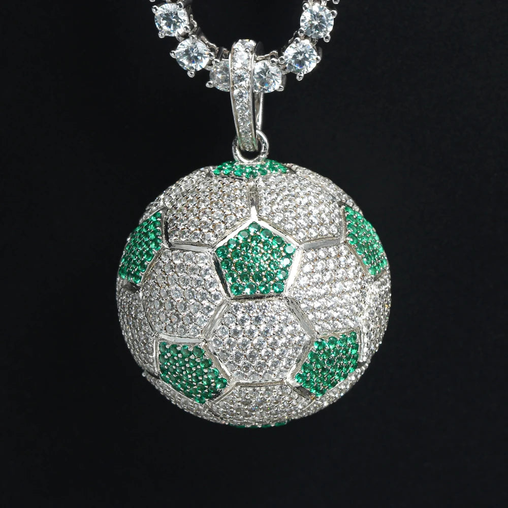 Hiphop Bling Football Soccer Ball Micro Pave Iced Stone Silver Gold Plating 925 Sterling Silver Necklace Pendant