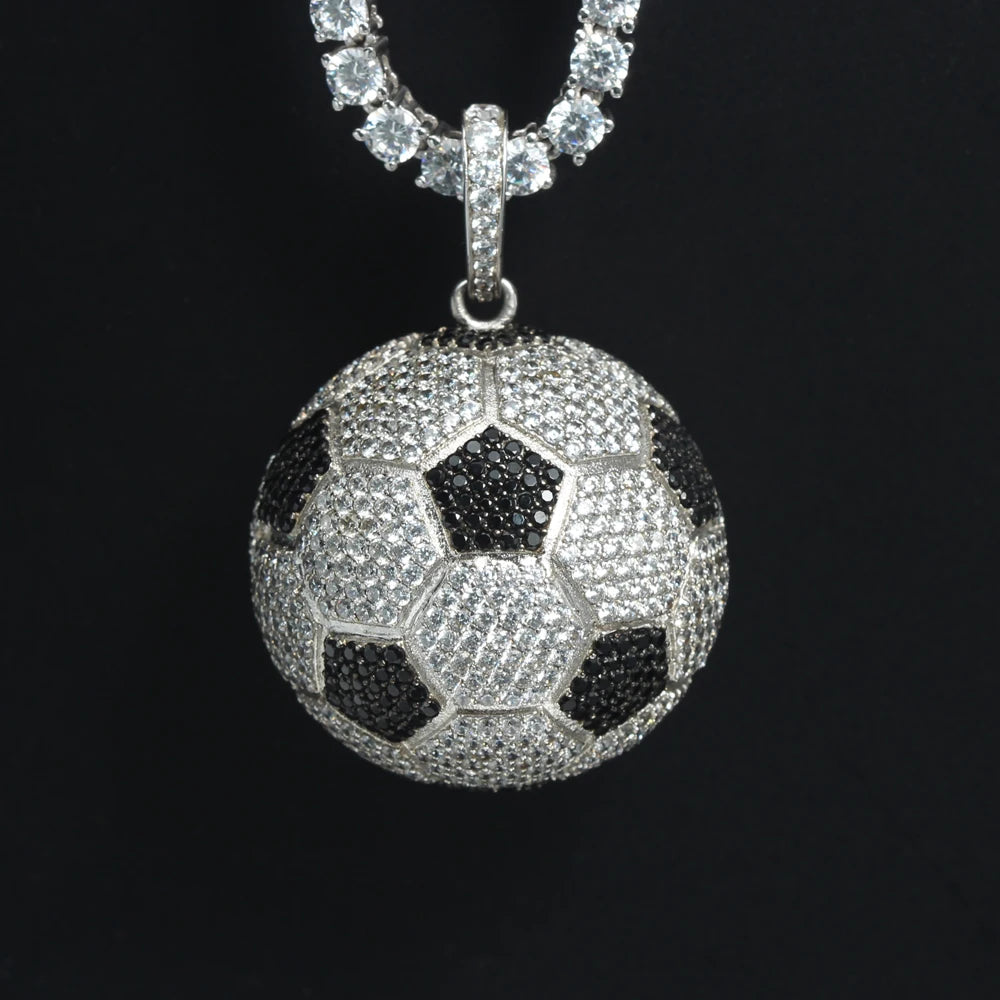 Hiphop Bling Football Soccer Ball Micro Pave Iced Stone Silver Gold Plating 925 Sterling Silver Necklace Pendant