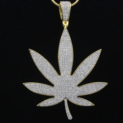 Charm CZ Iced Out Hip Hop Bling Maple Leaf Weed Marijuana Leaf Fine Silver Necklace Pendant Jewelry