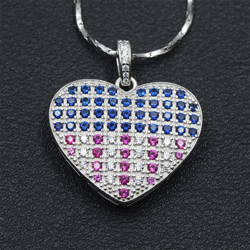 US American Flag Heart Sterling Silver Charm Necklace Pendant