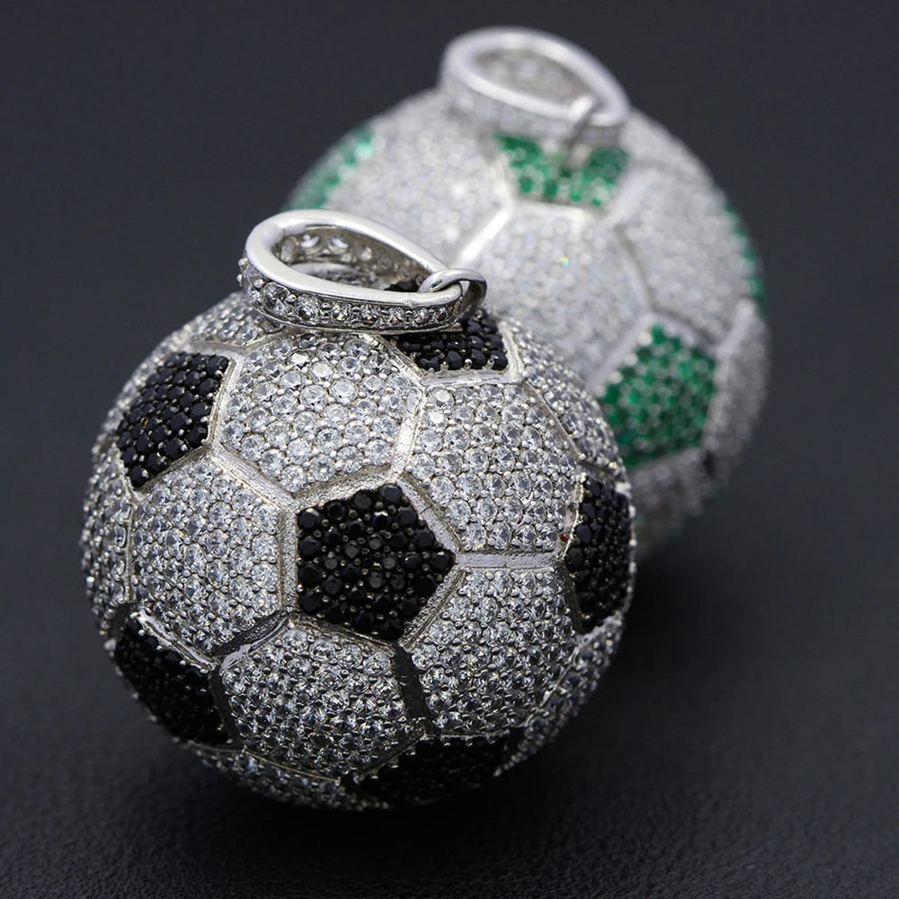 Hiphop Bling Football Soccer Ball Micro Pave Iced Stone Silver Gold Plating 925 Sterling Silver Necklace Pendant
