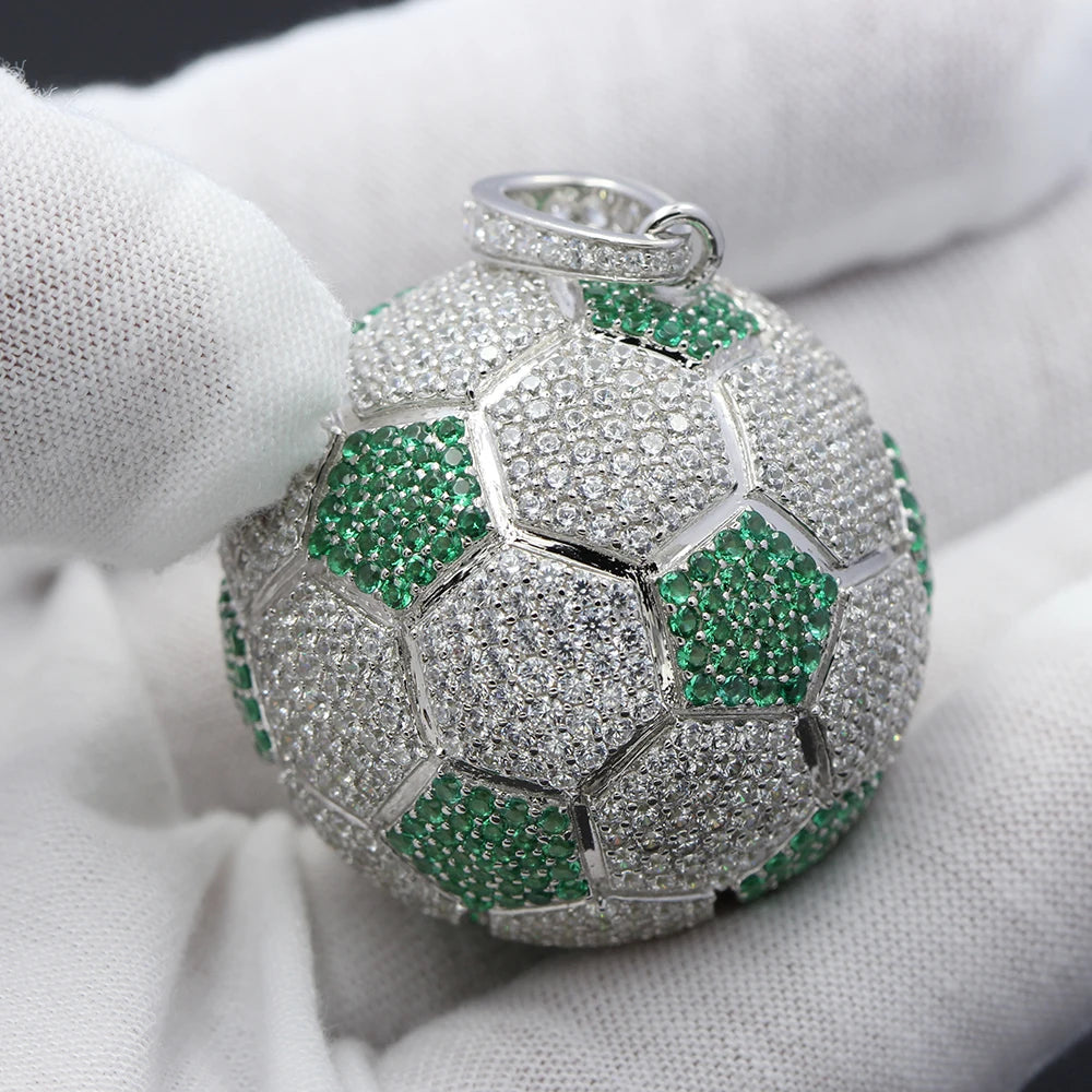 Hiphop Bling Football Soccer Ball Micro Pave Iced Stone Silver Gold Plating 925 Sterling Silver Necklace Pendant