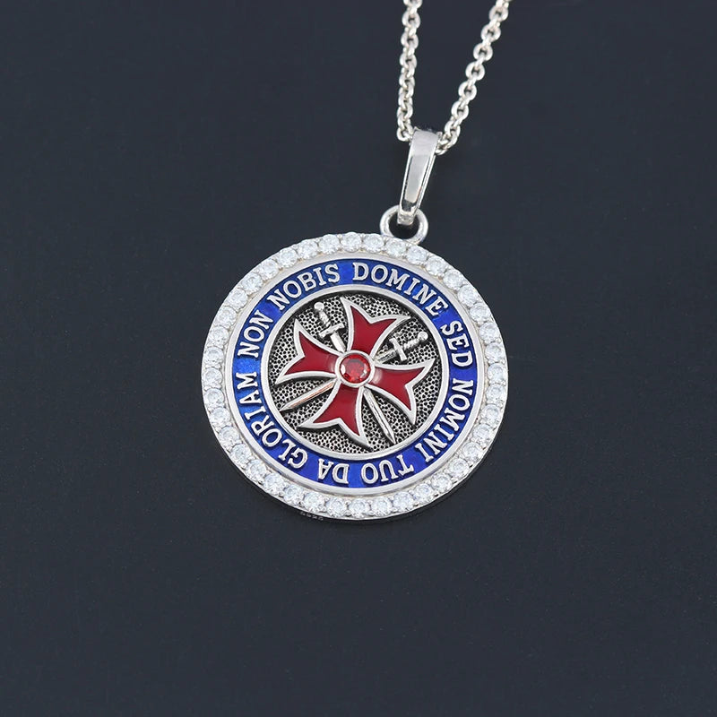 Knights Templar Spirit Convexity Round Red Cross Frame Sword Sterling Silver Pendant Necklace