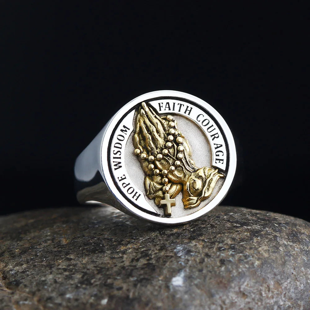 Praying Hands Jesus Christ Cross Hope Wisdom Faith Courage Pray For Us Silver Ring
