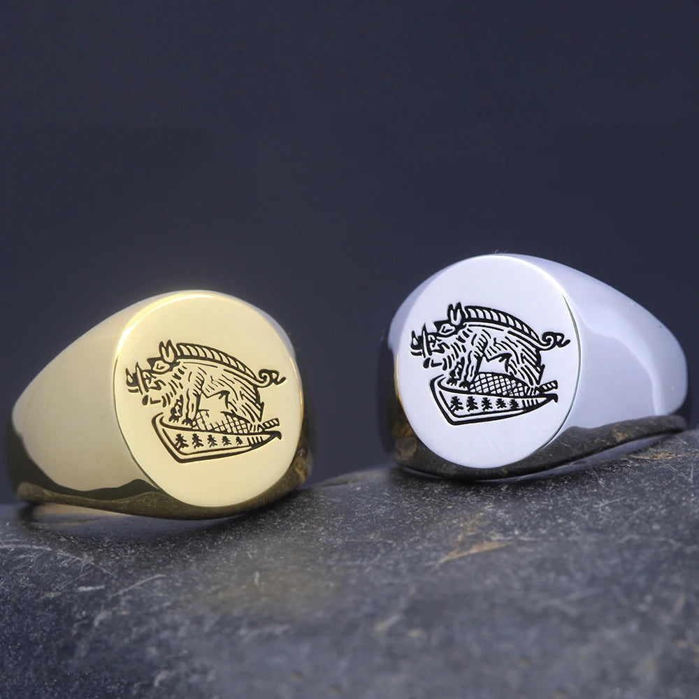 The Secret Service Mens Vintage Seal Engraving Family Crest Boar Signet Ring
