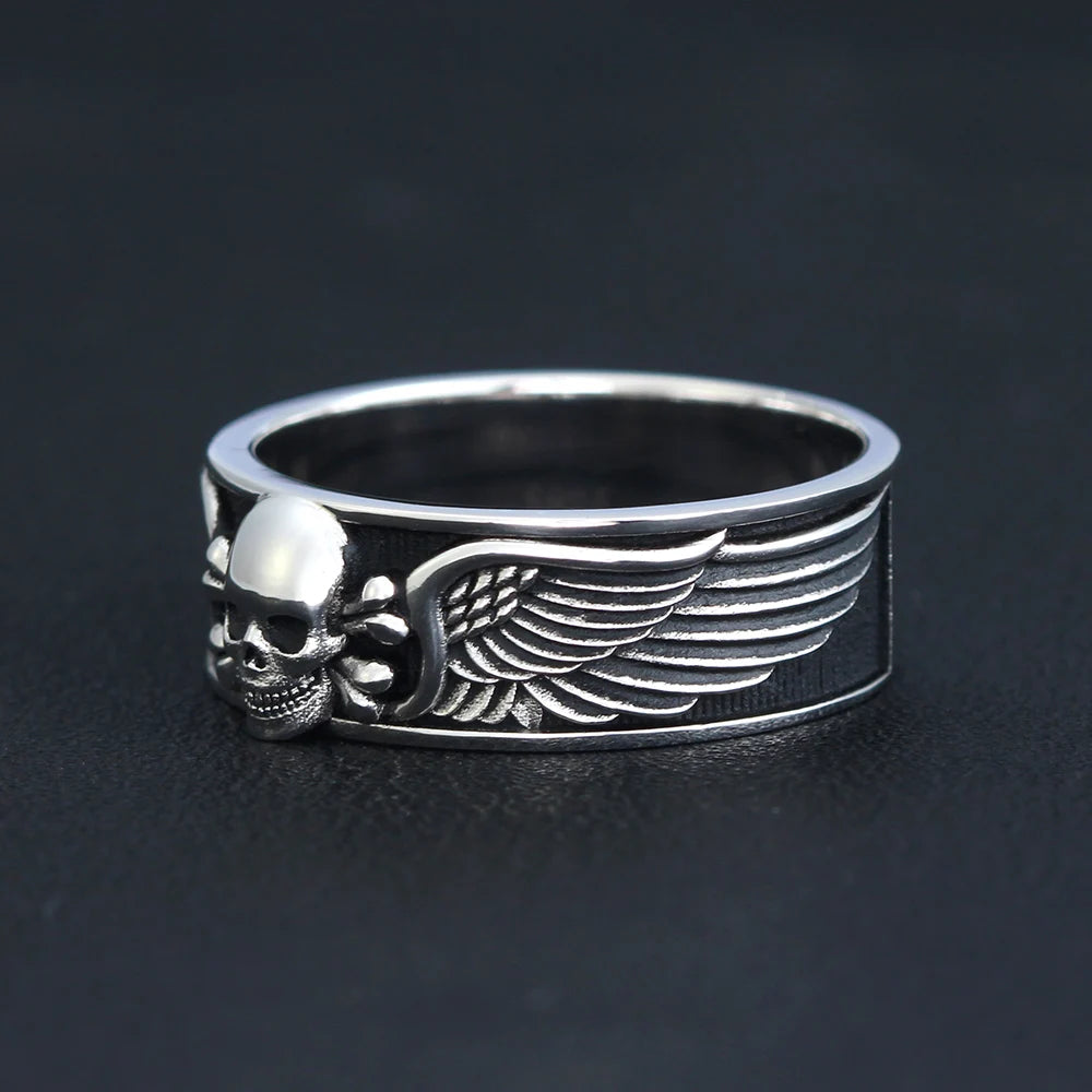 Death Sskeleton Motorbike Gothic Design Skull  Wing Punk Silver Ring