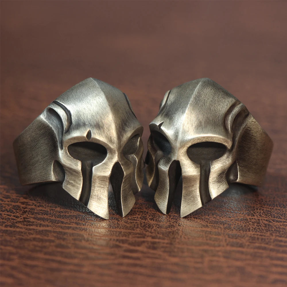 Men`s Spartan Warrior Skull Knight Helmet Mask Biker Sterling Silver Ring