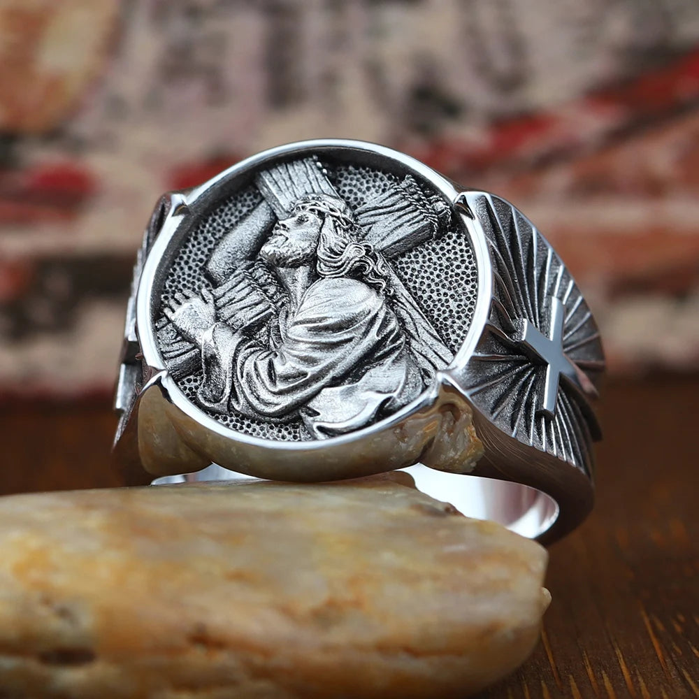 Cross Jesus Catholic Religious Christian Amulet Memorial Silver Ring