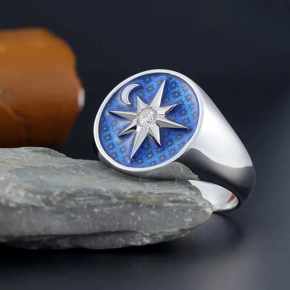North Star Sky Moon Polaris Blue Sterling Silver Ring