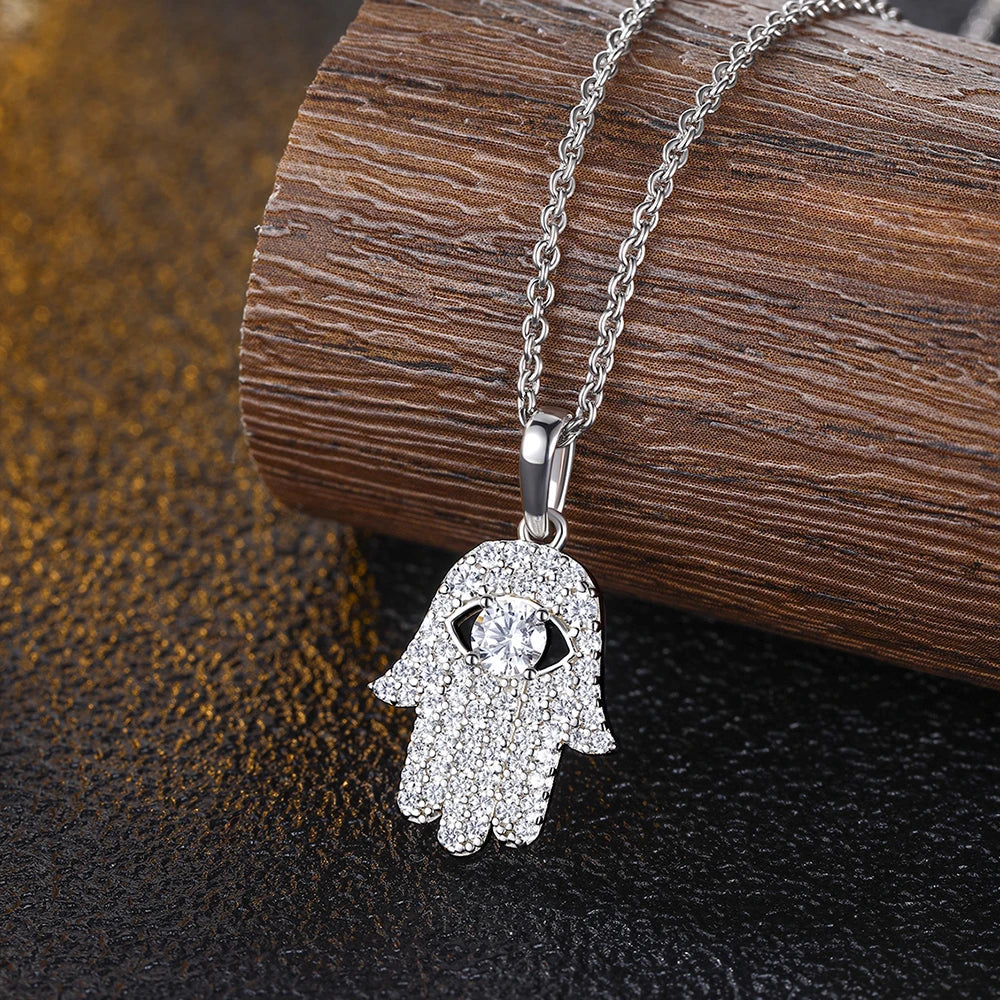 Lucky Hand Bohemian Folk Style Fatima Hand  Eyes Palm Diamond Necklace Pendant