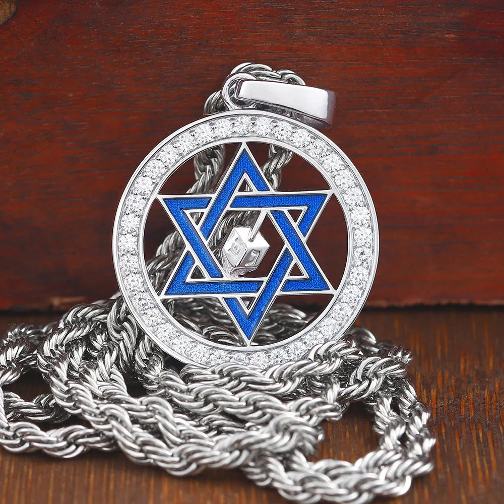 Blue Star Of David Hanukkah Dreidel Paved stones Punk 925 Sterling Silver Pendant