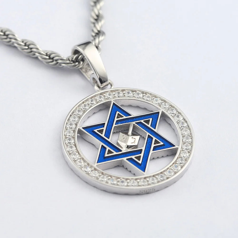 Blue Star Of David Hanukkah Dreidel Paved stones Punk 925 Sterling Silver Pendant