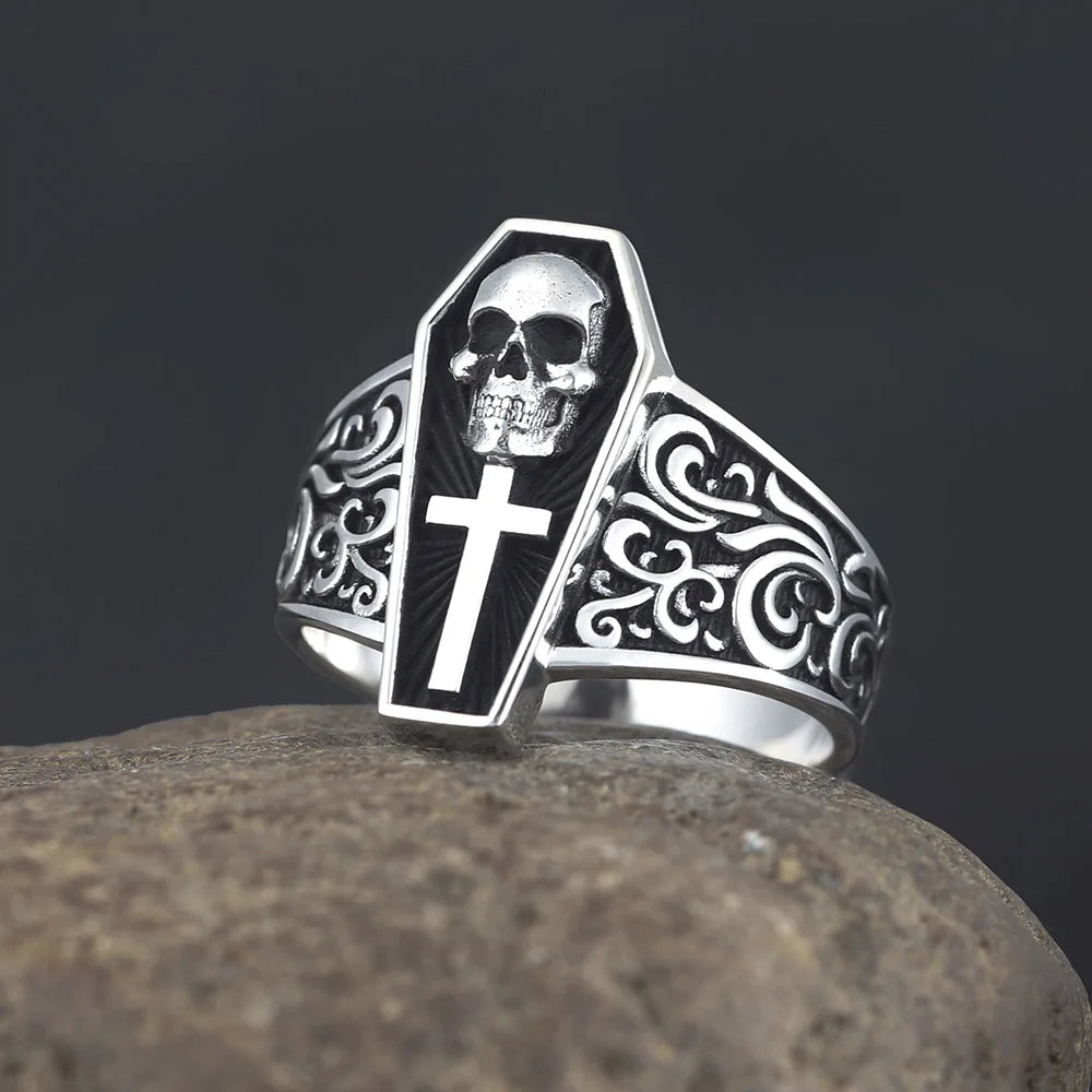 Memorial Of Die Cross Death Skull Gravestone Souvenir Silver Ring