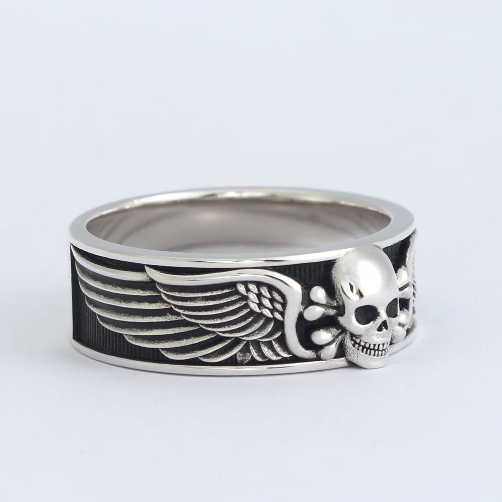 Death Sskeleton Motorbike Gothic Design Skull  Wing Punk Silver Ring