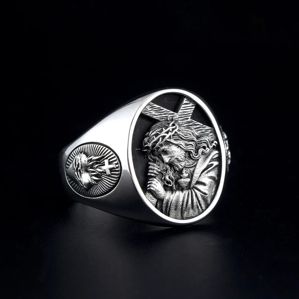 Jesus Catholic Christian Cross Religious Amulet Memorial to suffering Heart of the Virgin Silver Ring
