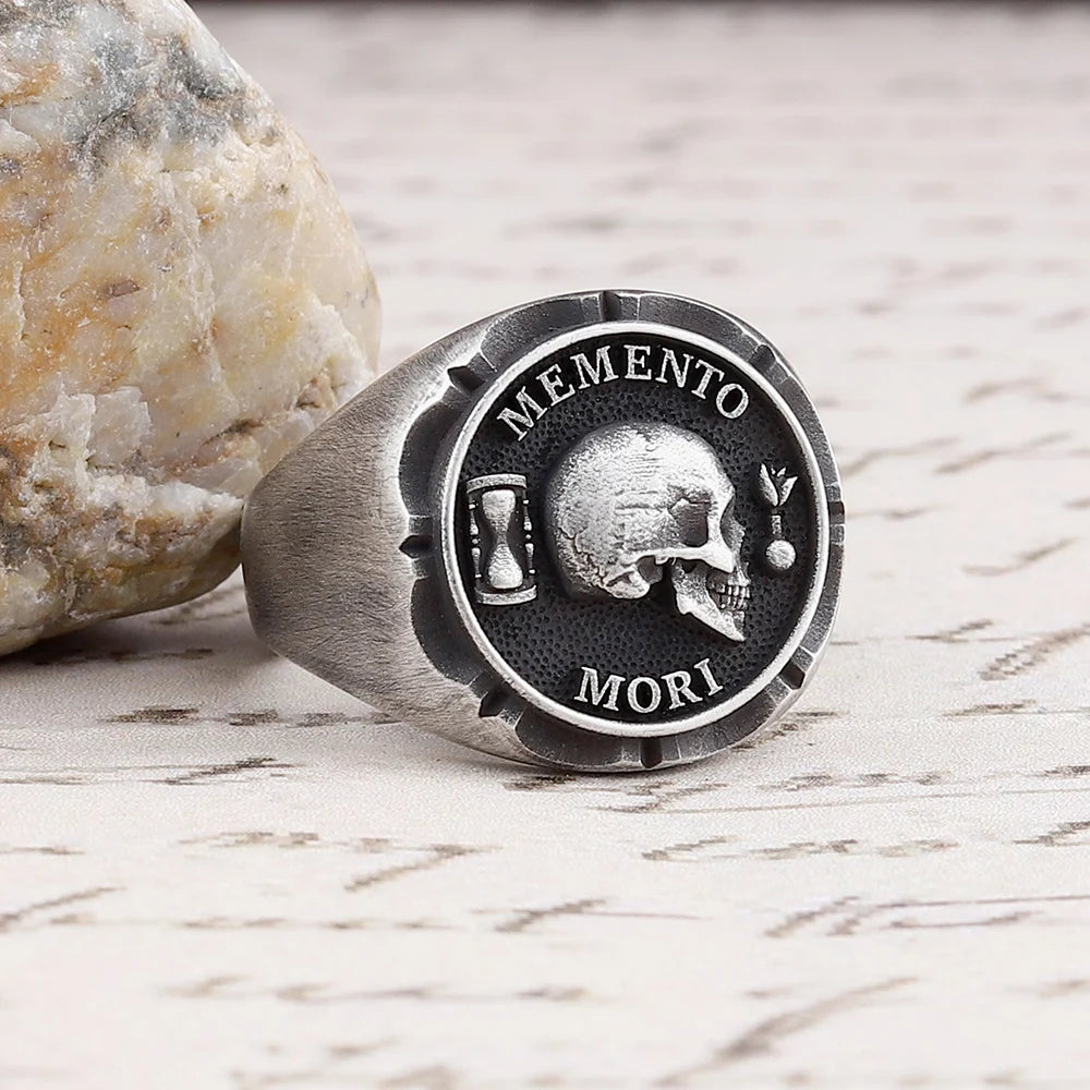 Antique Skull Memento Mori Dead Head Sand Glass Rose Love Endures Forever Silver Ring