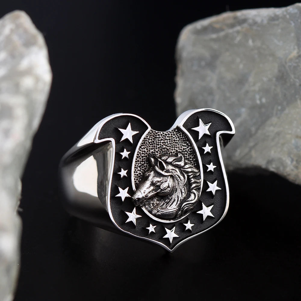 Lucky Horseshoe U-shaped Horse Head 925 Sterling Silver Amulet Good Luck Ring