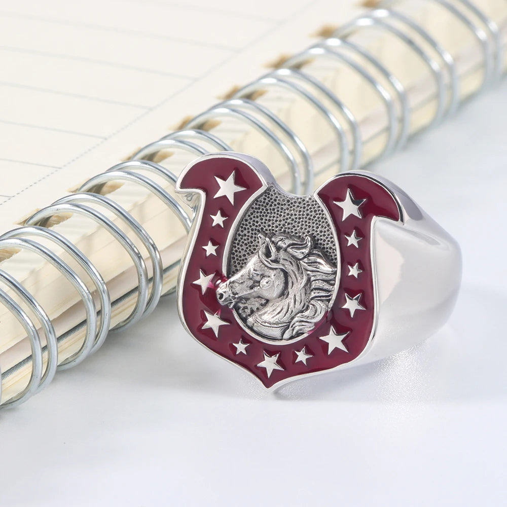 Lucky Horseshoe U-shaped Horse Head 925 Sterling Silver Amulet Good Luck Ring