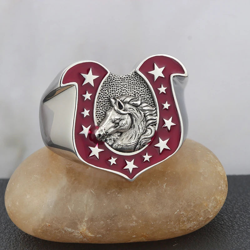 Lucky Horseshoe U-shaped Horse Head 925 Sterling Silver Amulet Good Luck Ring
