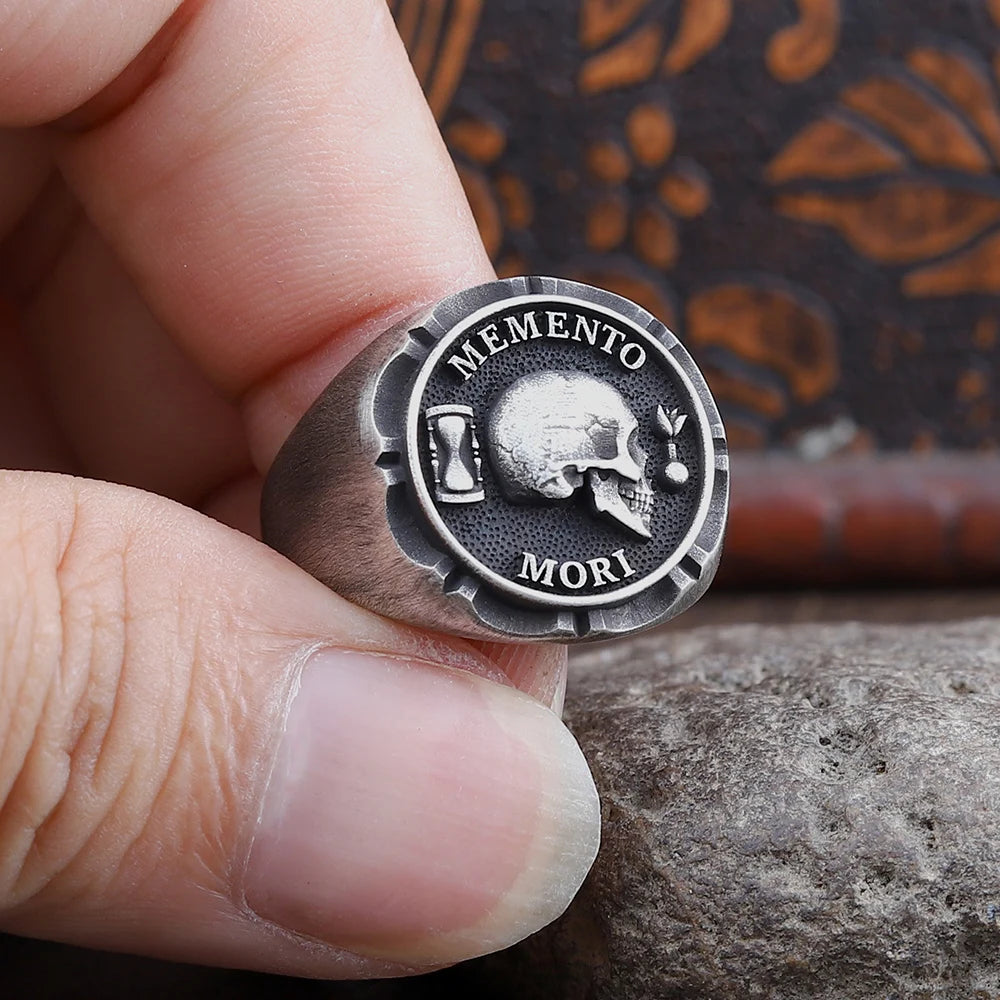 Antique Skull Memento Mori Dead Head Sand Glass Rose Love Endures Forever Silver Ring