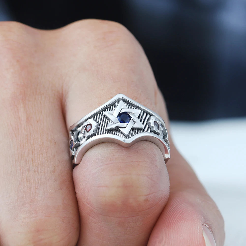 Star of David Sexangular Seal of Solomon Hebrew Symbol Inlaid stones Sterling Silver Ring