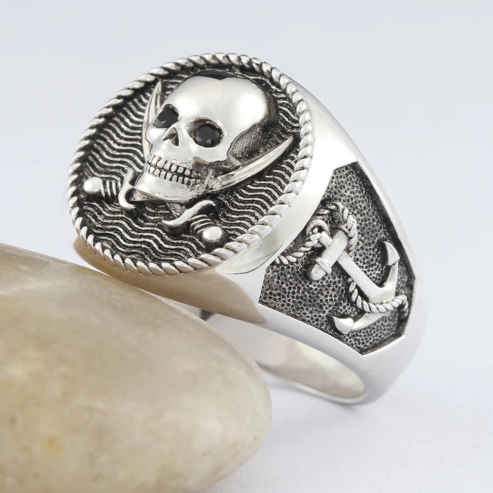 Skull Death Memento Mori Pirate Sailing Ship Anchor Rudder Sterling Silver Ring