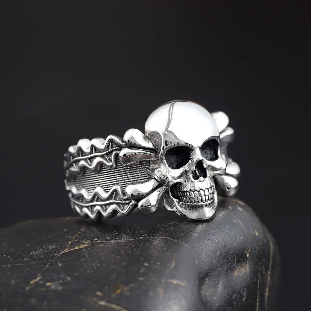Vintage Retro Death Skull Head Bones Leaf Germany Memorial Silver Ring