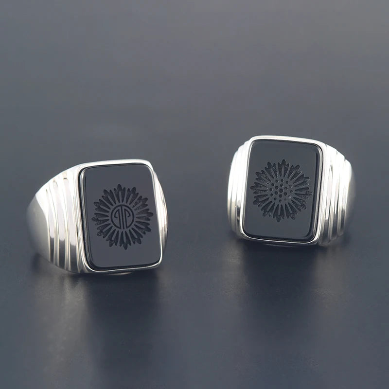 Family Ring Daisy Badge Black Agate Pattern S925 Sterling Silver Commemorative Ornament