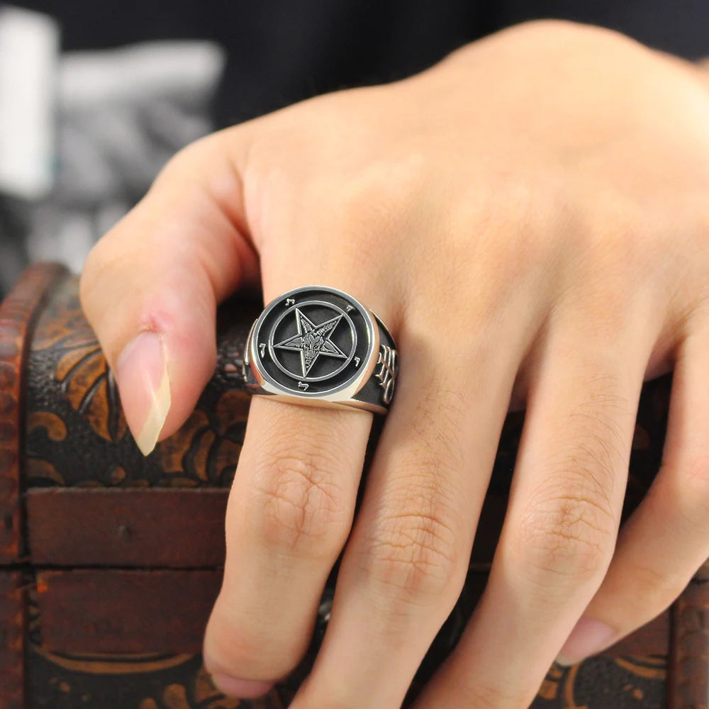 Five-pointed Star-shaped Sheep Head Church Sigil Baphomet Seal Signet Sterling Silver Ring