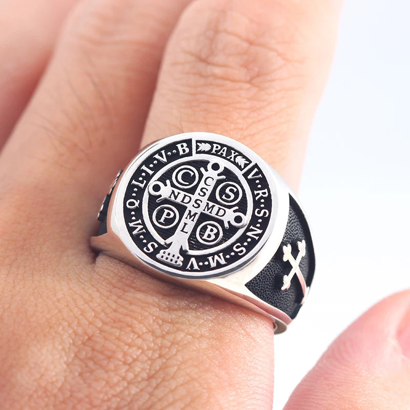 Cross of Saint Benedict Catholic Talisman Ring For Men
