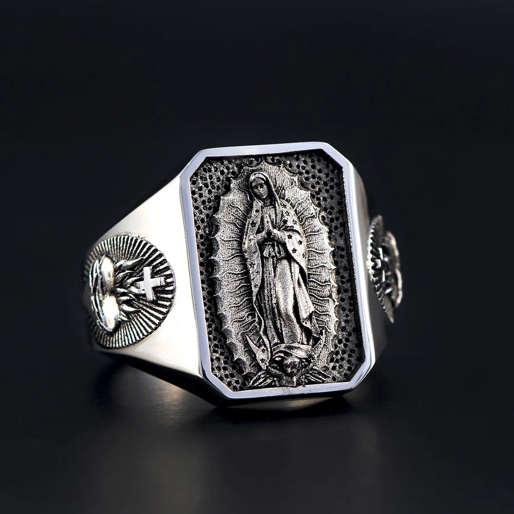 The Heart of Our Lady Virgin Mary Sacred Heart Of Jesus Pray And Faith Sterling Silver Ring