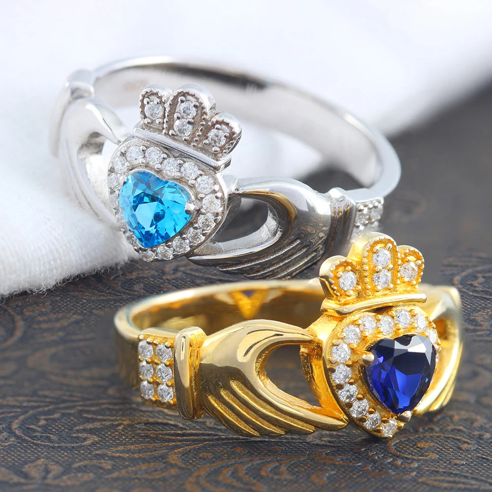 Heart Shaped Scottish Lrish Crown Hands Ireland sterling silver ring