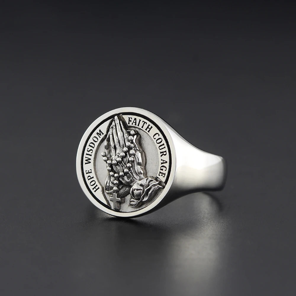 Praying Hands Jesus Christ Cross Hope Wisdom Faith Courage Pray For Us Silver Ring