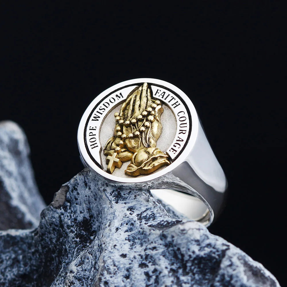 Praying Hands Jesus Christ Cross Hope Wisdom Faith Courage Pray For Us Silver Ring