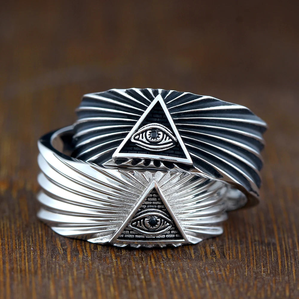 All Seeing Eyes God Horus Triangular Radial Sterling Silver Rings