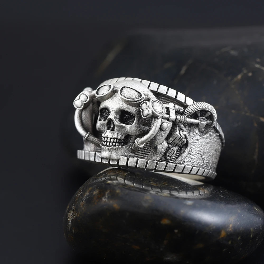 Antique Skull Punk Rock Haulage Motor Bicycle Tire Motorcycle Chain Sterling Silver Ring