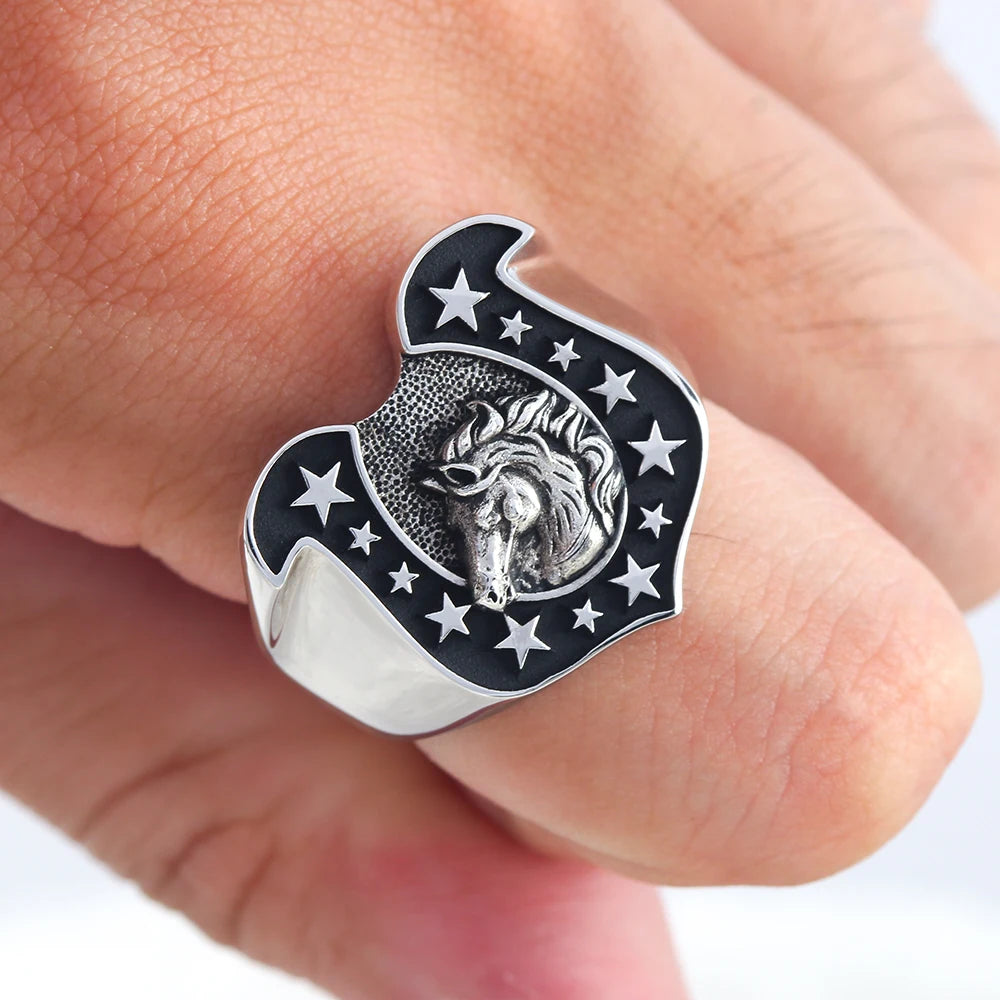 Lucky Horseshoe U-shaped Horse Head 925 Sterling Silver Amulet Good Luck Ring