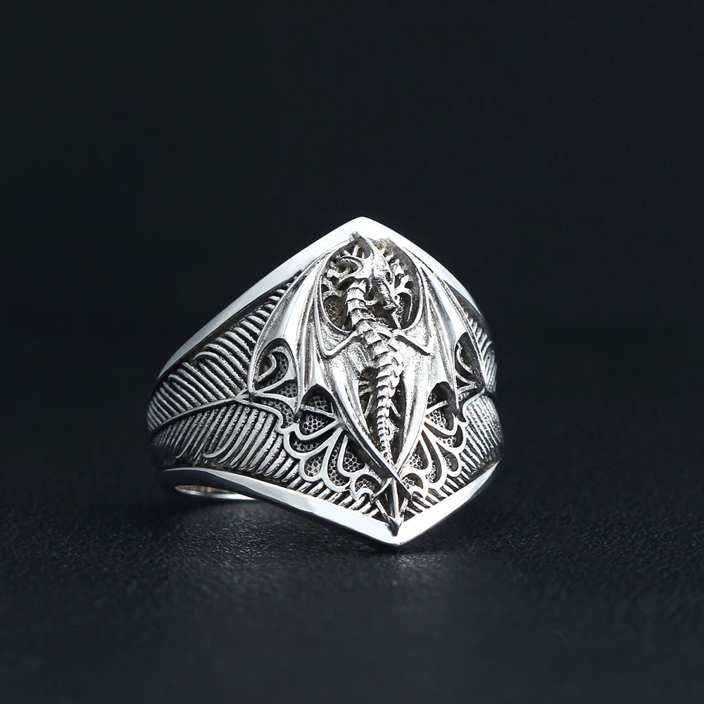 Flying Dragon Signet Vinking Drachen Signet  Unique Biker Gothic Signet Mens 925k Sterling Silver Ring