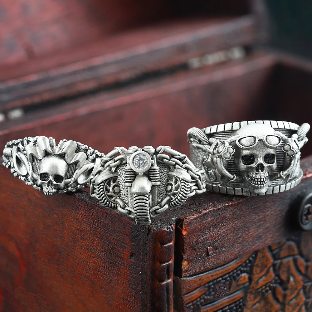 Antique Skull Punk Rock Haulage Motor Bicycle Tire Motorcycle Chain Sterling Silver Ring