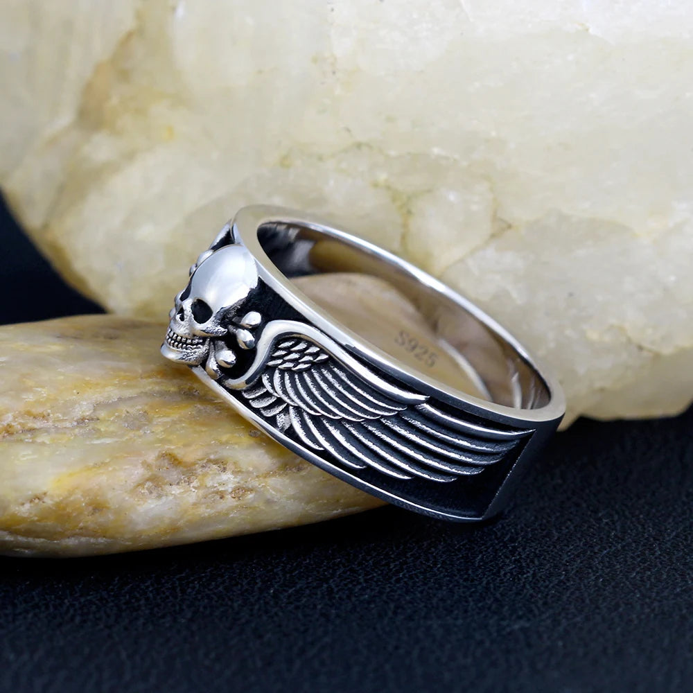 Death Sskeleton Motorbike Gothic Design Skull  Wing Punk Silver Ring