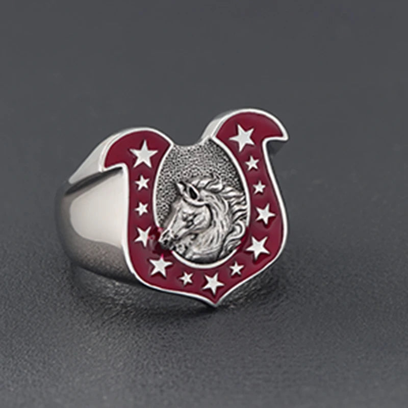 Lucky Horseshoe U-shaped Horse Head 925 Sterling Silver Amulet Good Luck Ring