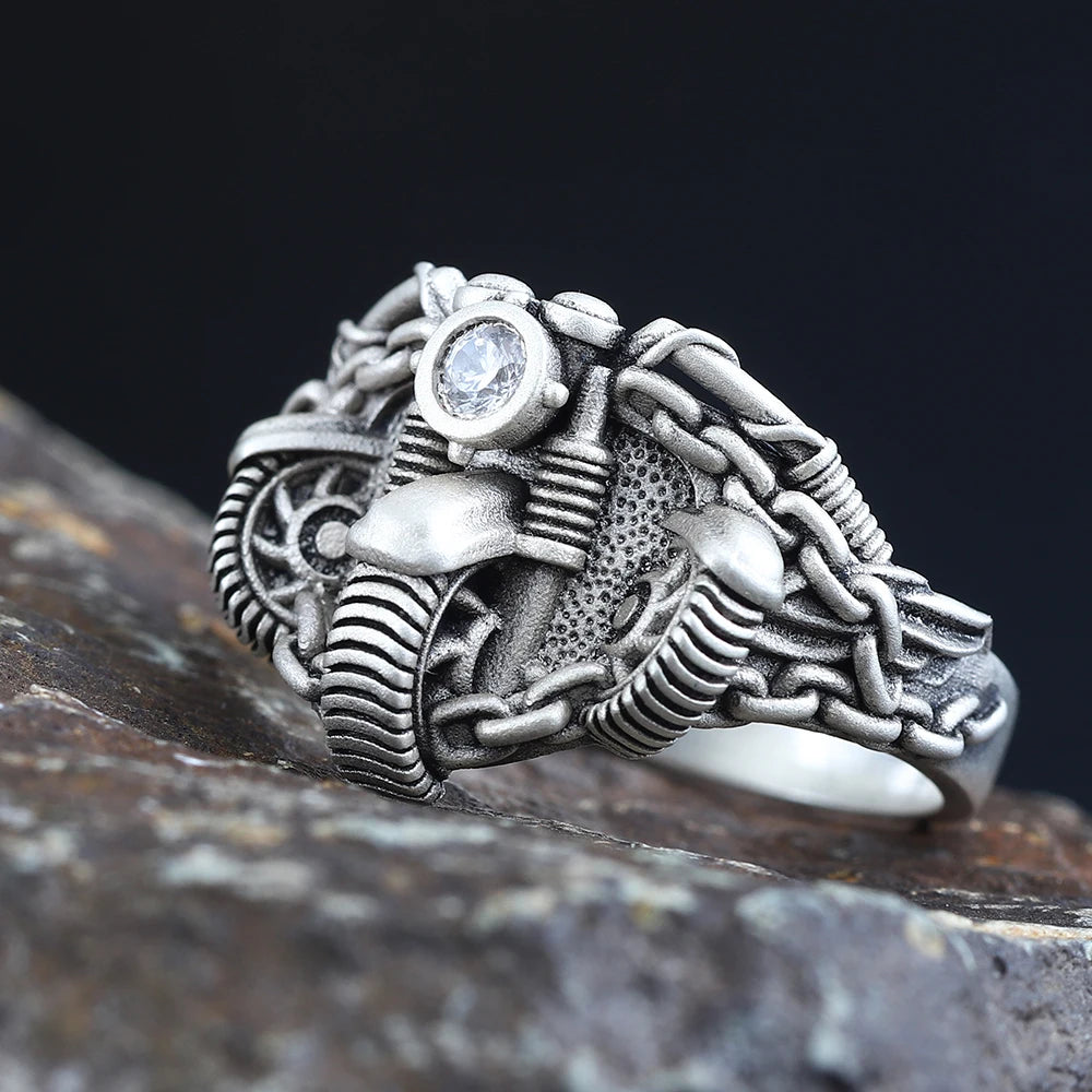 Antique Skull Punk Rock Haulage Motor Bicycle Tire Motorcycle Chain Sterling Silver Ring